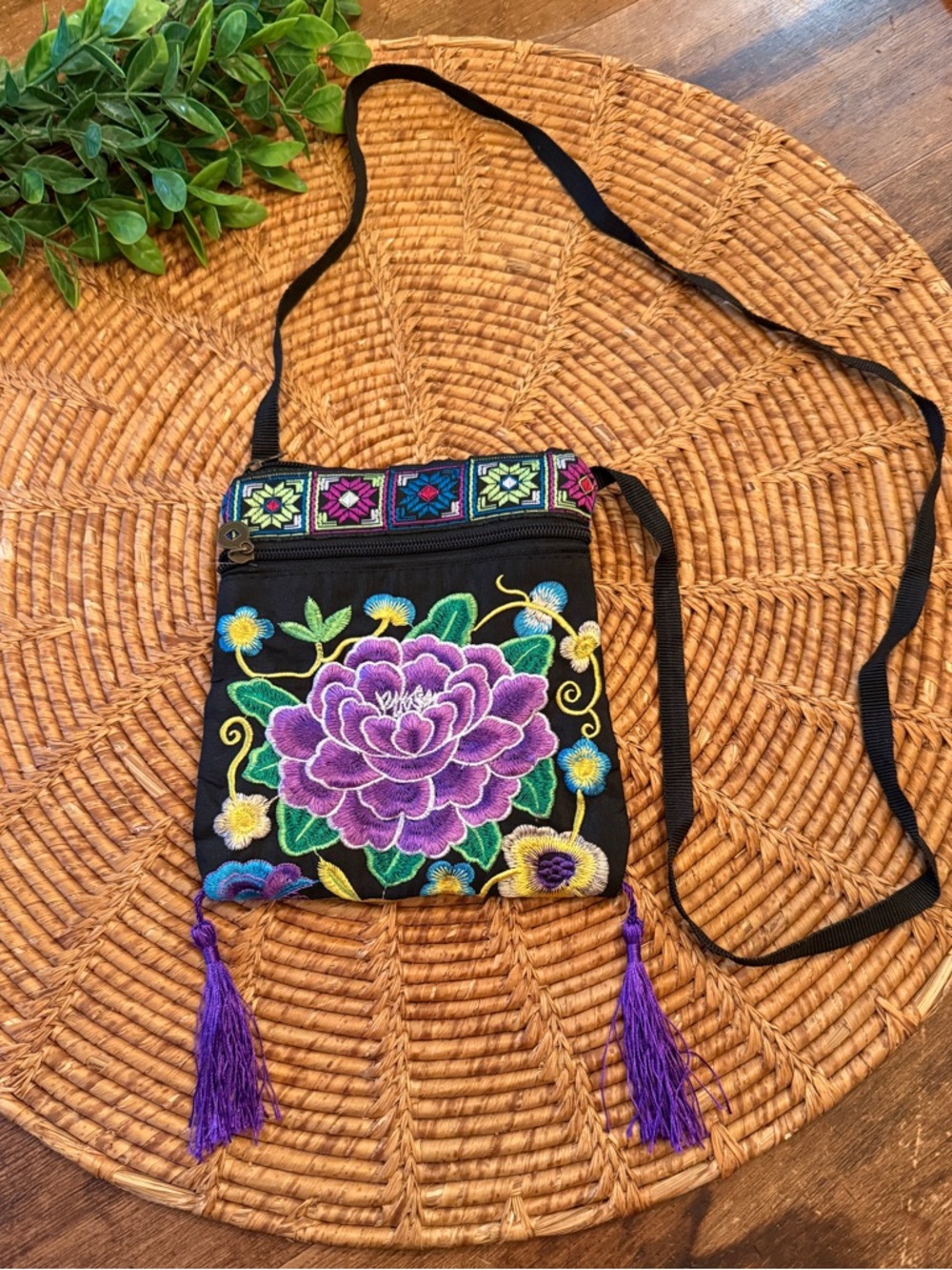 Artesian Embroidered Floral Crossbody Bag in Black and Purple